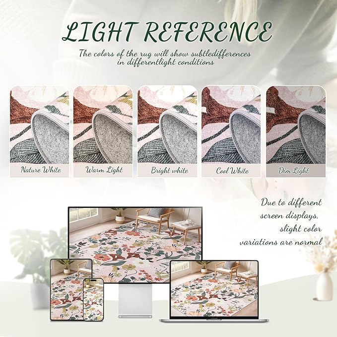 8x10 Area Rug for Living Room: Vintage Floral Washable Rug Soft Boho Non Slip Carpet Large Indoor Floor Non Shedding Low Pile Thin Carpets for Bedroom Dining Room Farmhouse Nursery Home Light Pink