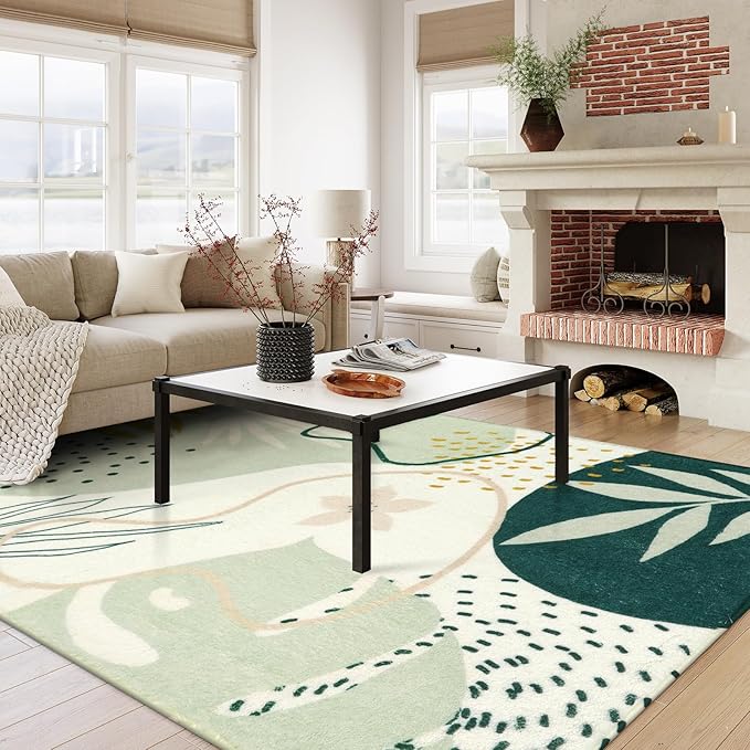 Lahome Green 10x14 Rug for Living Room, Large Washable Area Rug Non-Slip Ultra-Thin Stain Resistant Rug for Dining Room Table, Soft Botanical Print Indoor Rug for Bedroom Office (Green, 10'x14')