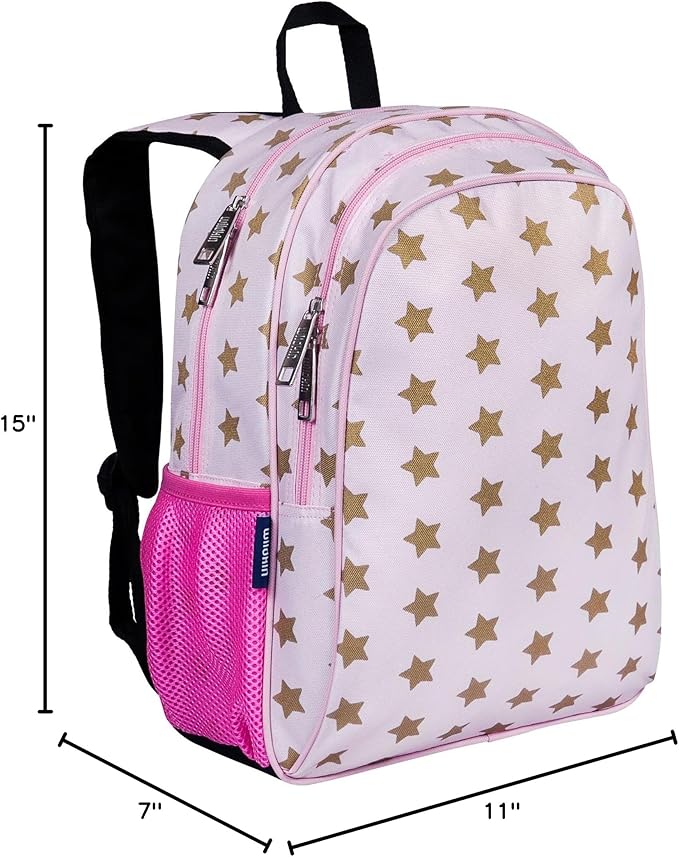 Wildkin 15-inch Kids Backpack – Durable, Padded, Adjustable for School & Travel - Pink and Gold Stars