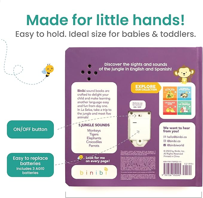 Binibi Spanish Books for Babies & Toddlers 1-3 La Selva Bilingual Sound Book with Jungle Animal Sounds | Bilingual Children's Book | Support Spanish Learning for Kids | Libro en espaรฑol para bebรฉs