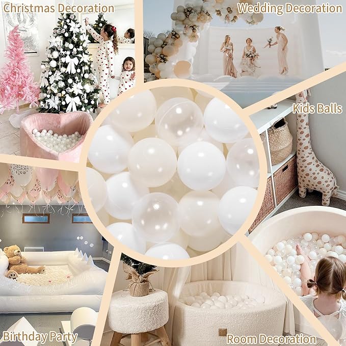 GOGOSO Balls for Ball Pit - Plastic Ball for Toddlers 1-3, Baby Kids Ball Pool Decoration 50 100 200 300 500 1000 (A White+Beige+Clear, 200 Balls)