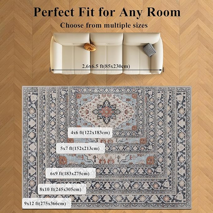 Washable 6x9 Area Rug for Living Room, Carpet for Bedroom Dining Room, Non Slip&Non-Shedding Resistant Low Pile Vintage Print Rug for Home Office (Blue/Gray)