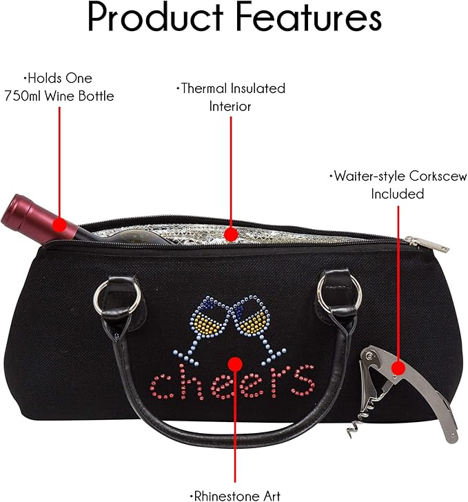 Wine Clutch Bag (Thermal Insulated) Trendy Women’s Carry Tote | Holds Red & White 750mL Bottles | Trendy Fashion | Incl. Portable Waiter-Style Corkscrew (Cheers)