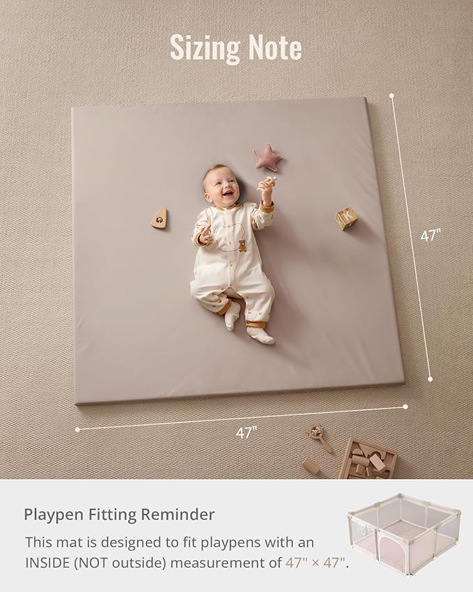 Blissful Diary Vegan Leather Baby Play Mat, 47x47 Thicken Foam Cushioned & Waterproof Playpen Mat for Infants and Toddlers, Stylish and Just Wipe-Clean Playmat for Baby Play on Floor, Taupe