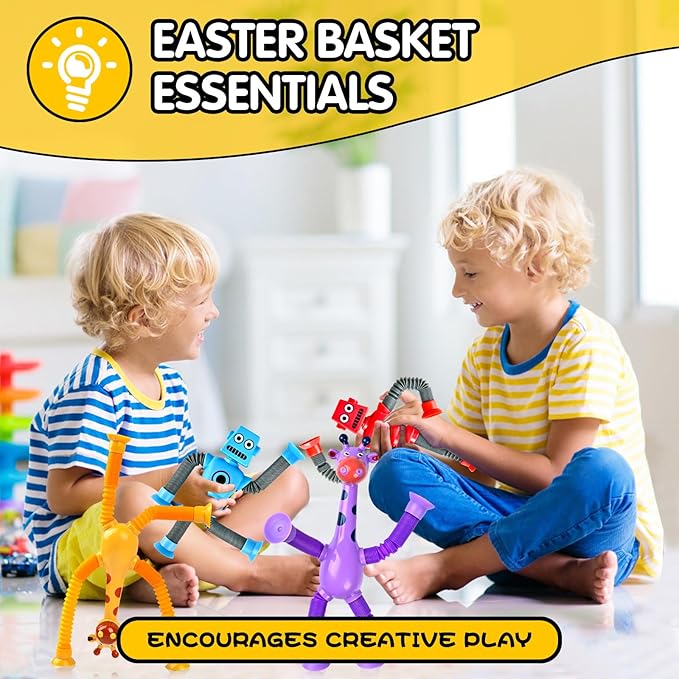 Robot Sensory Travel Toys 4Pcs for Toddlers Kid Boy Year Old Ages 3 4 5 6 7 8 9, Airplane Activities Suction Autism Pop Tube Fidget Toys Autistic Stocking Easter Basket Stuffer Valentine Gift for Kids