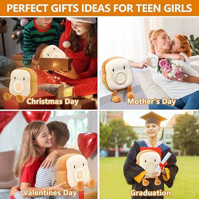 QANYI Plush Toy Night Light Alarm Clock for Kids, Multiin-one Cozy Toast Plushies Bed Clock with Dual Alarm and Snooze, Dimmable Bed Lamp Birthday Gifts Ideal for Children Teens Girls Boys Women