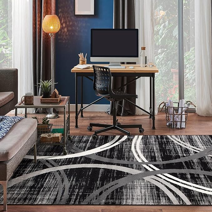 Rugshop Modern Wavy Circles Design Area Rug 10' x 14' Black