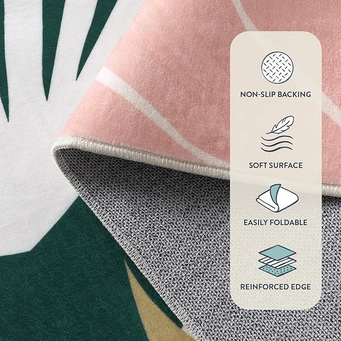 Lahome Washable 8x10 Rug - Non-Slip Living Room Rugs 8x10 Ultra-Thin Large Soft Bedroom Rugs, Boho Botanical Print Indoor Stain Resistant Floor Rug for Dining Room Table Office (8'x10',Green/Pink)