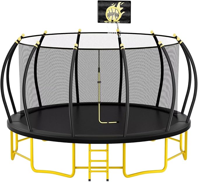 10FT 12FT 14FT 16FT Pumpkin Trampoline for Kids Adults, ASTM Approved Outdoor Recreational Trampoline with Basketball Hoop, Enclosure Net, Yellow