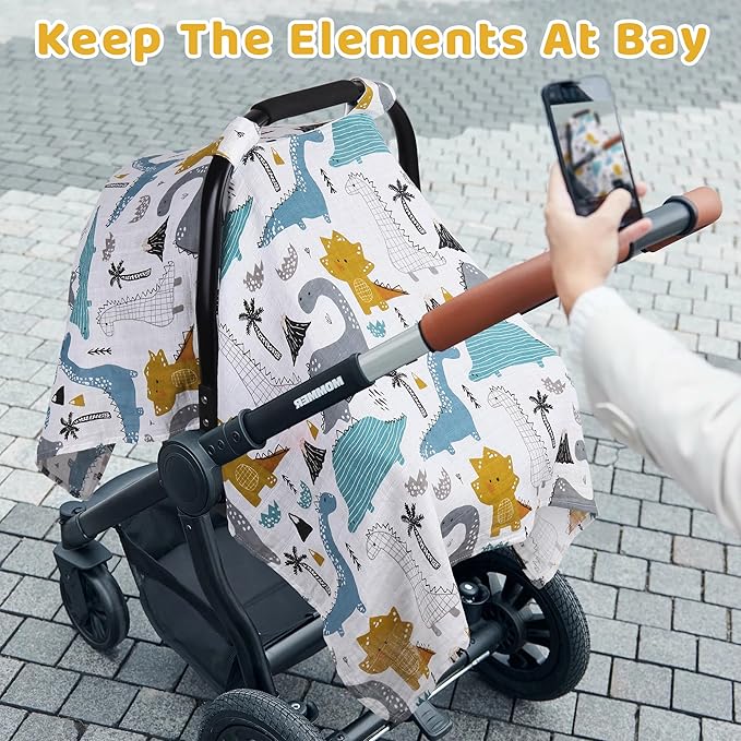 Rquite Dinosaurs Carseat Cover - Muslin Cotton Infant Car Seat Canopy, Breathable Baby Carrier Cover, Summer Stroller Sun Shade