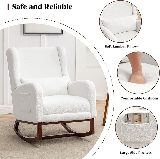Rocking Chair Nursery,Teddy Nursery Rocking Chairs with Foot Rest, Sherpa Nursing Chair Glider Rocker with Wingback and Pillow for Living Room, Bedroom, White
