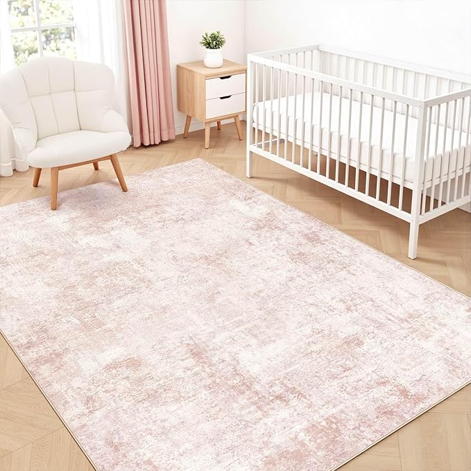 Pink Rugs for Bedroom Girls: 8x10 Washable Large Modern Soft Area Rug Indoor Non-Slip Cute Carpet for New Parents Aged 25-45 - Living Room Nursery Kids Playroom Preppy Room Baby Room Decor