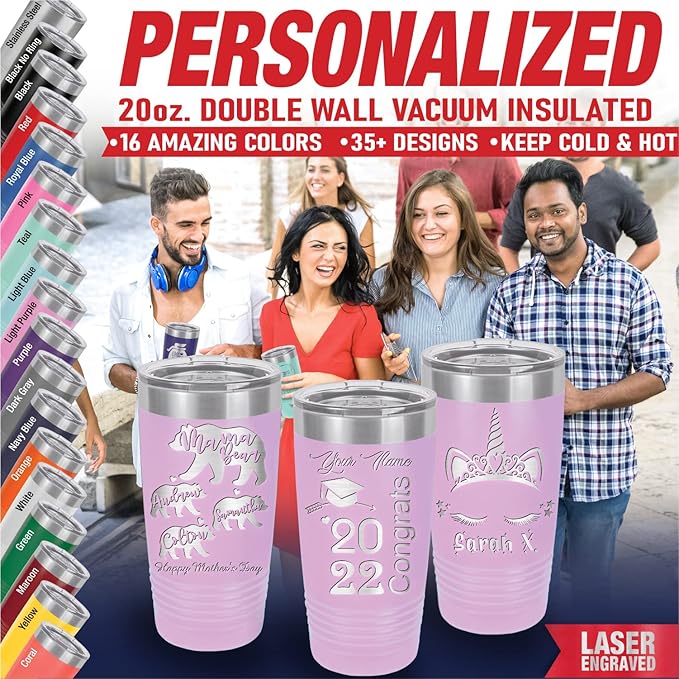 Personalized Tumbler for Her - Valentines & Graduation Gift, Insulated Stainless Steel, 20oz (Light Purple)