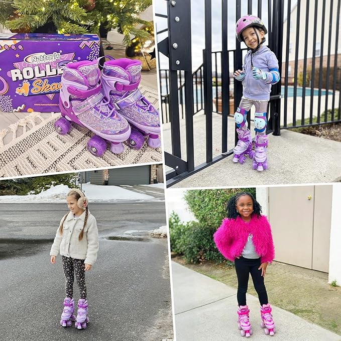 Nattork Kids Roller Skates for Girls Kids, 4 Sizes Adjustable Girls Roller Skates for Ages 3-12 with Light up Wheels & Safety Protection - Cool Birthday Gift for Indoor Outdoor Sports