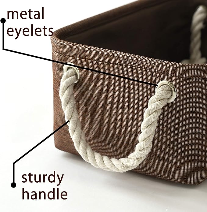 TheWarmHome Small Fabric Canvas Storage Bin with Cotton Rope Handles - Foldable Empty Basket for Gift (Brown-1 Pack,11.8L7.9W5.2H inch)