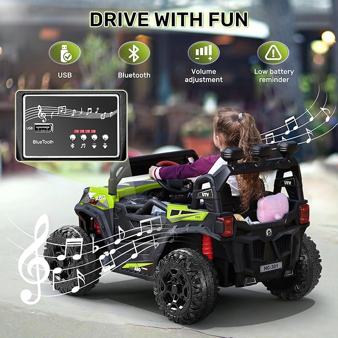 ANPABO 24V 4WD Ride on Car Truck w/Remote Control, 2WD/4WD Switchable Kids UTV, 4 Shock Absorbers, 19" Spacious Seat, Soft Start, Music Player, Electric Car for Kids
