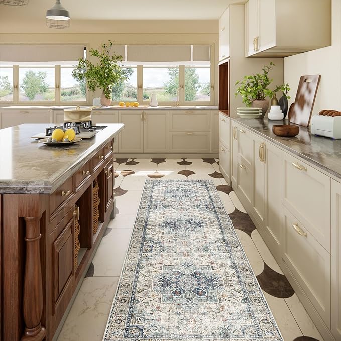 Machine Washable Kitchen Runner Rugs: 2'6"x8' Hallway Runner Rug Non Slip Low Pile Stain Resistant Soft Carpet Runners for Hallways Indoor Entryway Kitchen Laundry Room Beside Farmhouse