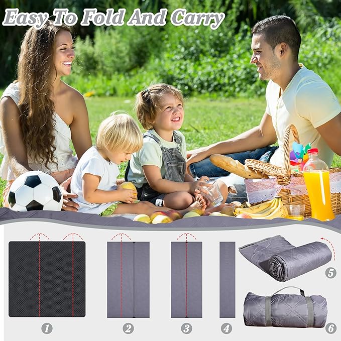 Waterproof Picnic Blanket 80 * 60 in Portable with Carry Strap for Beach Mat or Family Outdoor Camping Party, Park Blanket for Grass Park, Hiking, Travel