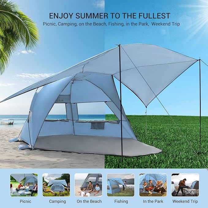Elegear Beach Tent with Canopy, 1-Second Setup Pop Up Sun Shelter Shade, UPF 50+ UV Protection Silver-Coated Lightweight Portable Beach Cabana