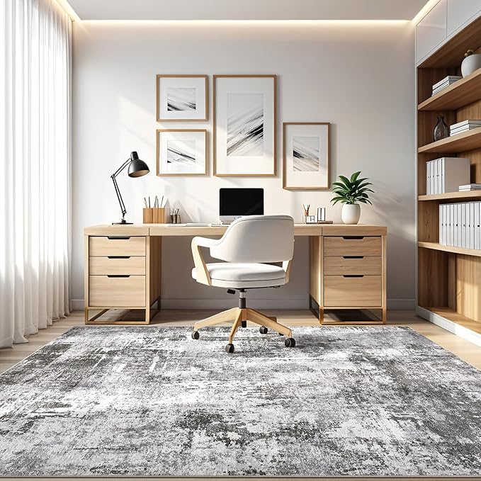 7x9 Area Rug Living Room: Machine Washable Large Abstract Modern Soft Rugs Stain Resistant Indoor Floor Non Slip Accent Carpet for Bedroom Nursery Playroom Office Dining Room Dorm Home- Black Grey