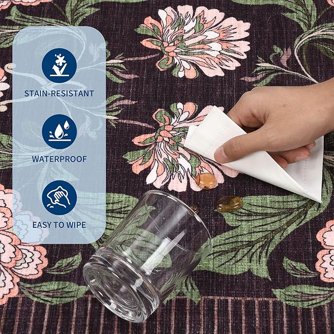 GarveeHome Plum Pink Floral Botanical Washable 9x12 Area Rug for Living Room Soft Black Purple Vintage Boho Cottage Large Rugs Low Pile Carpet for Bedroom Dining Nursery Rug