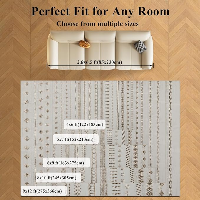 4x6 Washable Area Rug for Living Room, Carpet for Bedroom,Boho Soft Faux Wool Retro Dining Room Rug, Non Slip&Non-Shedding Resistant Low Pile Vintage Print Rug for Home Office (Beige)