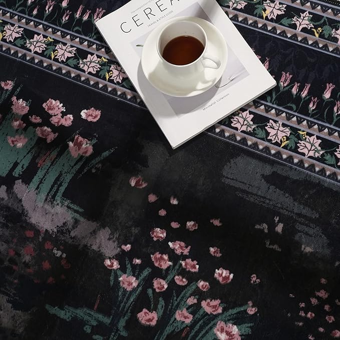 Runner Rug Impressionist-Style Vintage Kitchen Rugs Non Slip Washable Soft Carpet Runner for Kitchen Laundry Bedroom Bathroom, Black