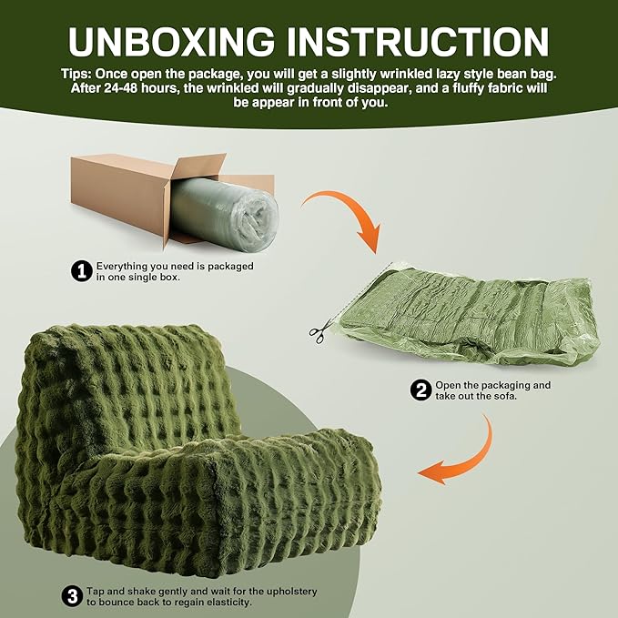 Modern Bean Bag Chair, Large Bean Bag Couch for Adults with Memory Foam Filled, Soft Faux Bunny Fur Lazy Chair for Living Room Bedroom Dorm Apartment, No Assembly Required, Green