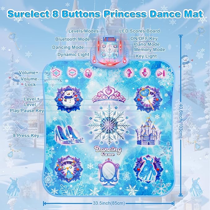 Dance Mat for 3-12 Year Old Girls, Frozen Toys Electronic Dance Pad with 8 Button & Wireless Bluetooth, Music Game Birthday for Kids Ages 3 4 5 6 7 8 9 10+