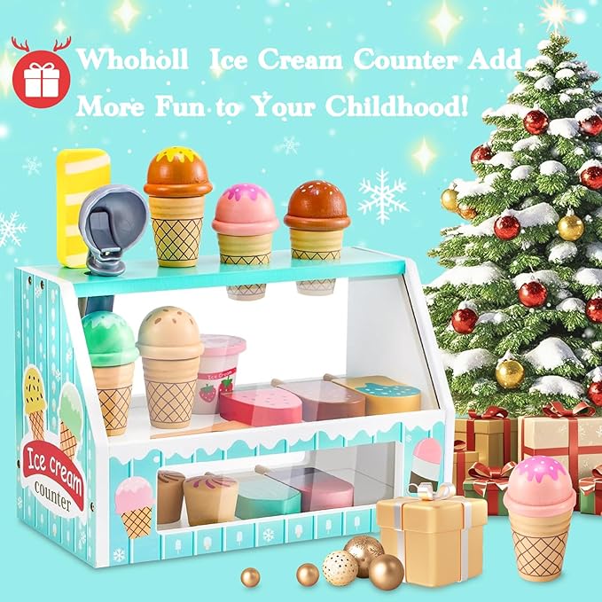 WHOHOLL Wooden Ice Cream Counter Playset for Toddler Girl Toys, Play Store Pretend Toy Food Play Kitchen Accessories with Fake Money & Coin, Gifts for 3+ Year Old Kids (Green)