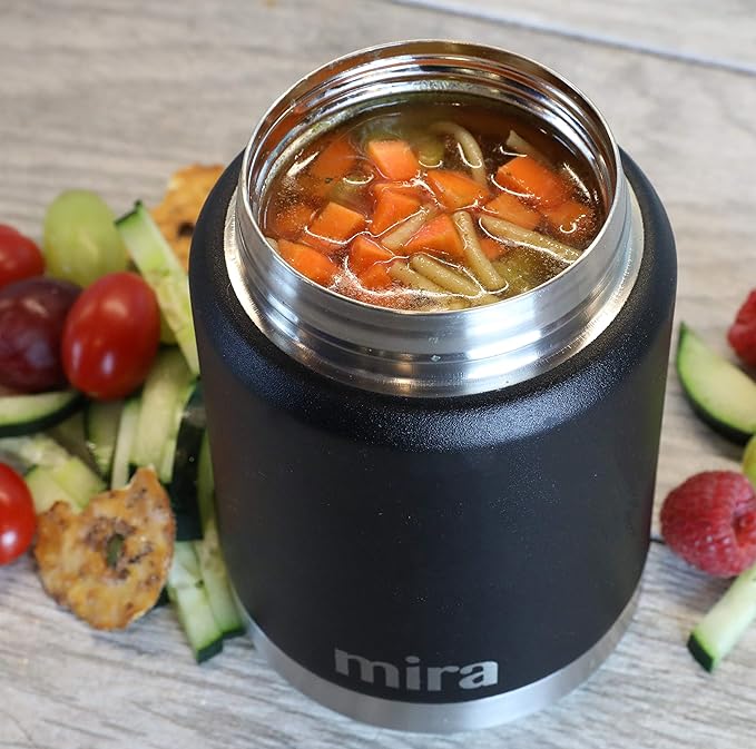 MIRA 15 oz Insulated Food Thermos for hot and cold foods - Leak-Proof Stainless Steel Container with Spoon - Black