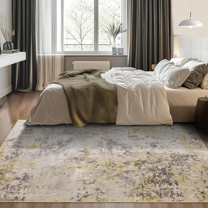 Kelarea 4x6 Rug for Living Room, Beige Washable Non-Slip Rugs, Low Pile Soft Modern Abstract Carpet for Bedroom, Kitchen, Dining Room, Classroom, Dorm, Nursery, Home Office