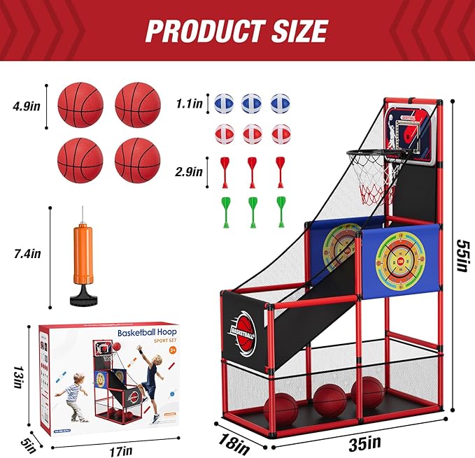 Basketball Arcade Game Indoor Outdoor, Kids Basketball Hoop with 4 Balls & Pump, Single Shot Basketball Game at Home, Carnival Games Sport Toys Gifts for Boys Girls Teens