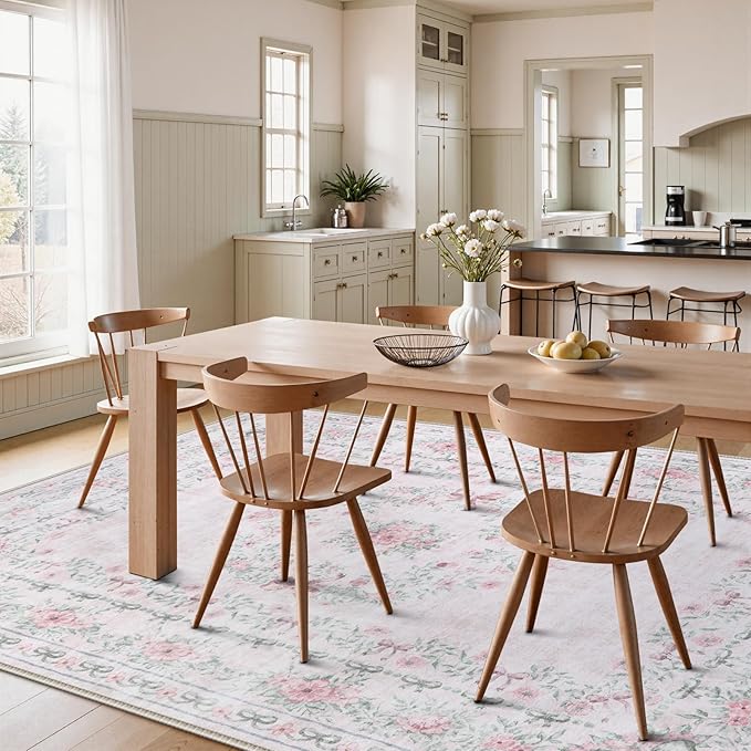 Wonnitar Floral Bow Print 8x10 Area Rugs, Washable Pink Rugs for Bedroom Girls, Boho Ultra-Thin Soft Non Slip Carpet for Nursery Living Room Kids Room Classroom Decor, Light Pink