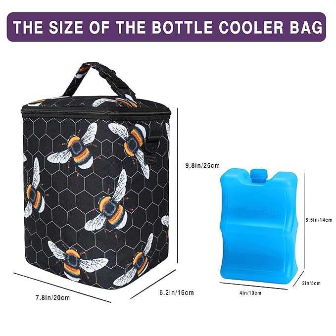 Breastmilk Cooler Bag with Ice Pack Fits 4 Baby Bottles Up to 9 Ounce Insulated Baby Bottle Bag Breast Milk Cooler on The Go with Strap Baby Bottle Cooler Bag for Nursing Mom Daycare or Travel