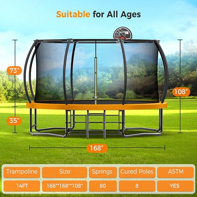 Tatub Large Trampolines Outdoor 10 12 14 15 16FT for Kids and Adults,Outdoor Recreational Pumpkin Trampolines with Curved Poles and Safety Enclosure Net, Basketball Hoop, Ladder
