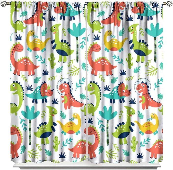 Rustic Dinosaurs Curtains Colorful Dino Kids Boys Cartoon Cute Cool Funny Decor Printed Blackout Rod Pocket Window Drapes for Living Room Bedroom W27.5xL63in 2 Panels