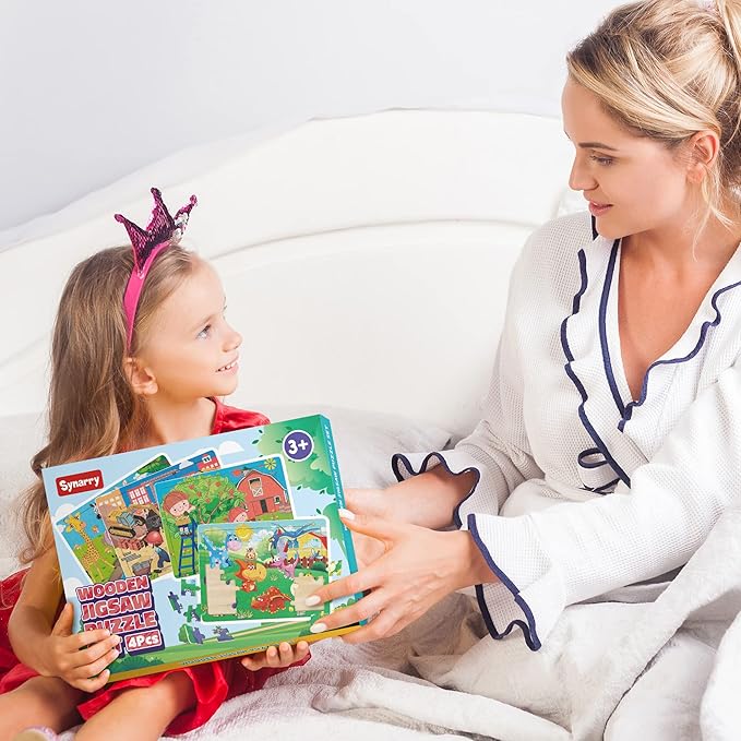 SYNARRY Puzzles for Kids Ages 4-8, 4 Pack Wooden Jigsaw Puzzles for Kids Ages 3-5 Years Old 40 Pieces, Preschool Puzzle Toy Gift for Children Boys and Girls, Farm Dinosaur Animal Construction Theme