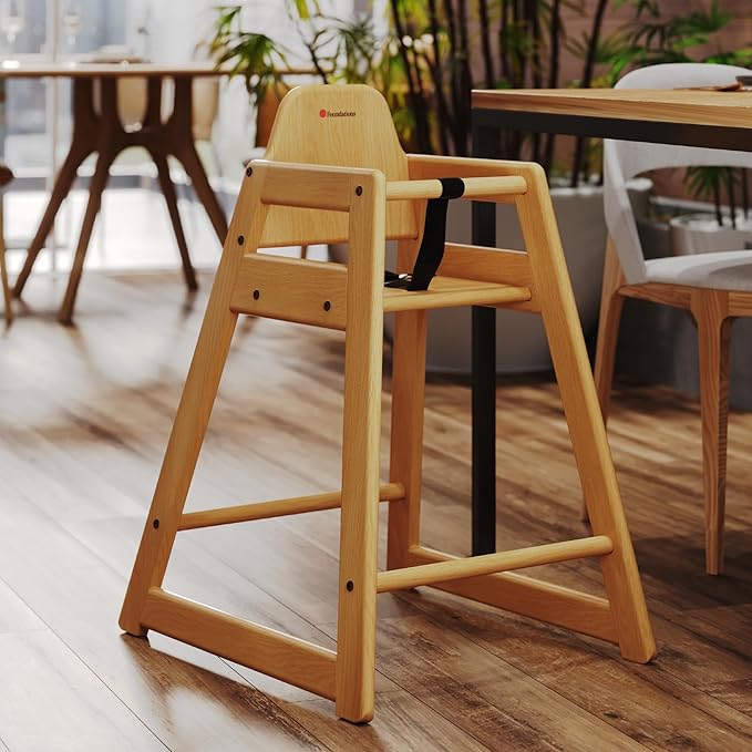 Foundations Neat Seat Wood Highchair for Restaurants, Easy to Clean, “No-tip” Feet, 3-point Safety Harness, Durable Hardwood, Small Footprint, Stackable (Natural)