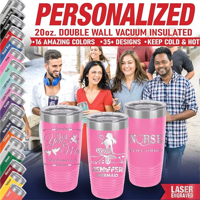 Personalized Tumbler for Women, Customized Coffee Travel Mug, Engraved Monogram Initial, Valentine’s Day Gift, Birthday Gift Idea, Keep Drinks Cold and Hot (Pink, 20oz)