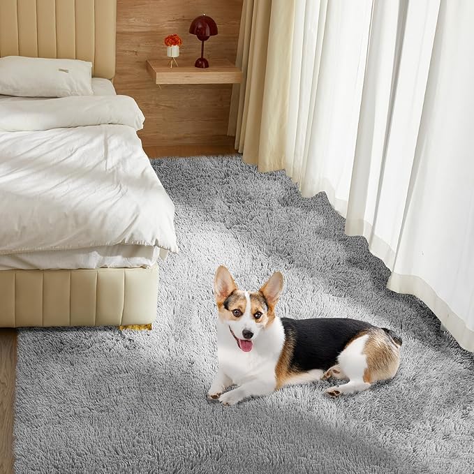 Ultra Soft Rug for Living Room, 9X12 Fluffy Shag Area Rug for Bedroom, Modern Shaggy Carpets Fuzzy Rug for Teens Dorm Nursery Home Decor Aesthetic, Upgrade Anti-Skid Durable, Light Grey