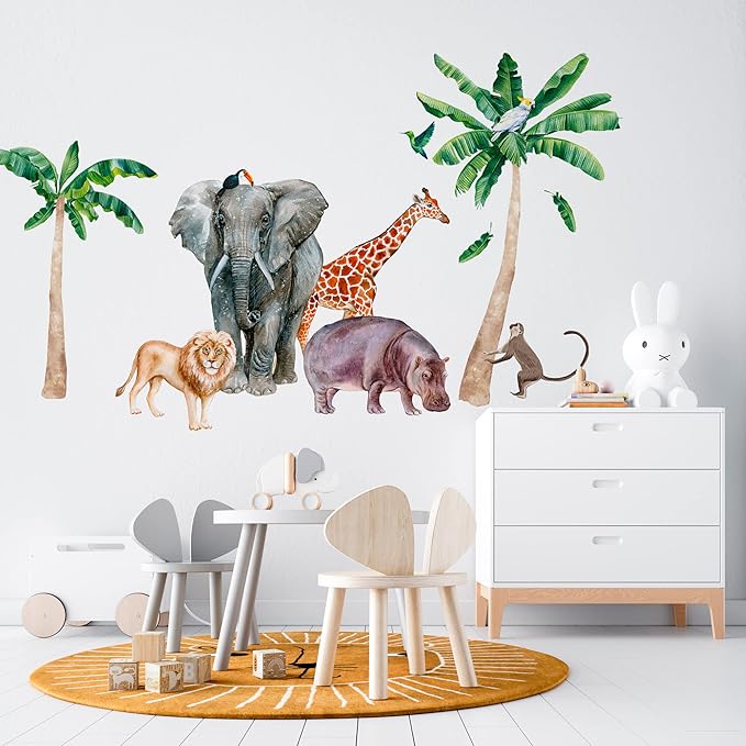 Safari Animal Wall Decals for Kids by Lipastick-Peel and Stick Jungle Stickers Giraffe, Elephant, Hippo, Palm Tree, Parrot for Toddlers Room, Nursery, Playroom, Classroom, Daycare Decor Art- L Size