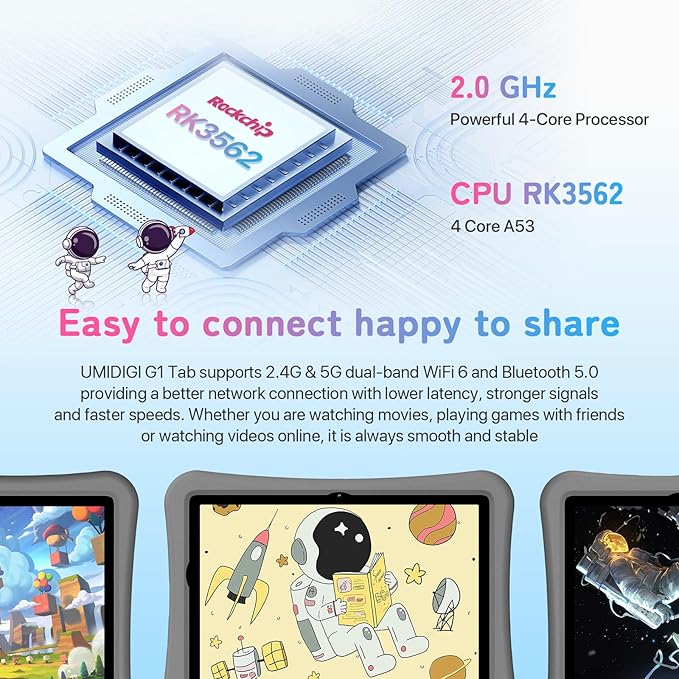 UMIDIGI Kids Tablet, G1 Tab Android 13 for Kids, 10.1", 4+4G+64G up to 1TB, WiFi 6, 8MP+8MP Dual Camera, Quad-Core, 6000mAh, BT5.0, TÜV Eye Bluelight Tablet Android, Parental Control