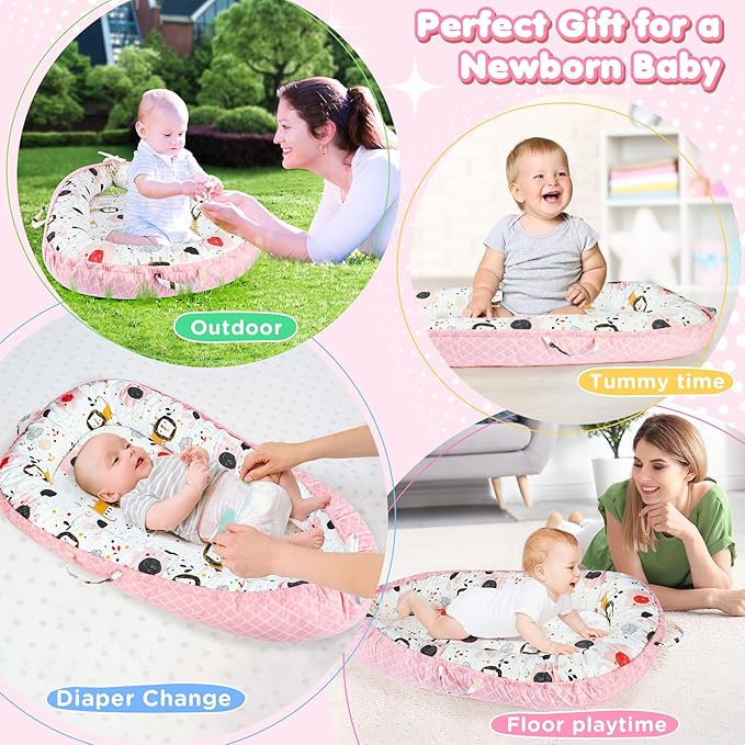 KISS GOLD Baby Lounger - Breathable Soft Cotton Cover Lounger Nest, Babies Essentials Gifts, Portable Infant Lounger for Baby Tummy Time Floor Playing Seated Support for Home and Travel