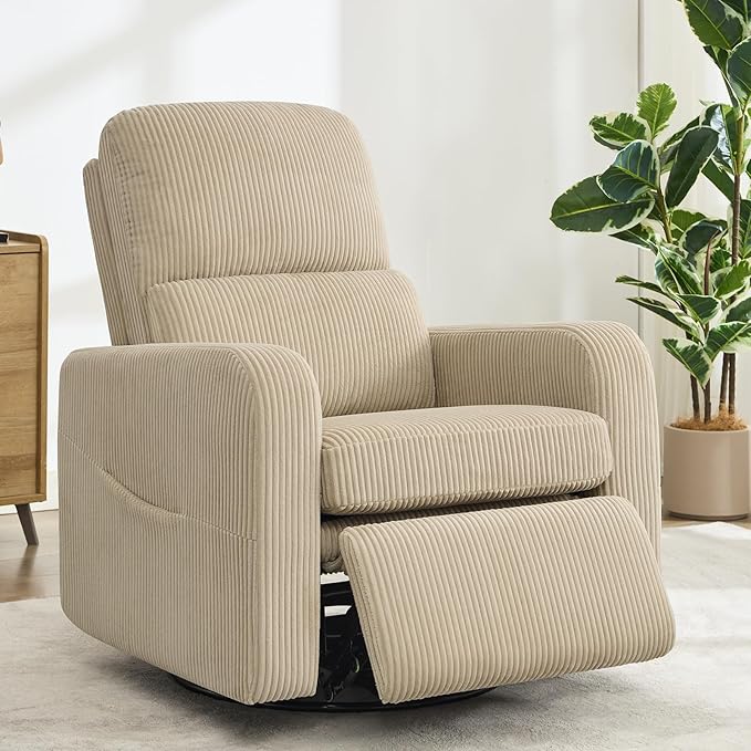 Swivel Rocker Recliner, Oversized Manual Nursery Glider Rocking Recliner Chair with Removable Cushion, Upholstered Swivel Reclining Chair for Nursery Living Room Bedroom, Corduroy Camel