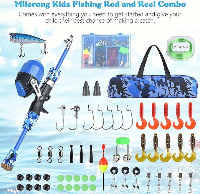 Milerong Kids Fishing Rod, Kids Fishing Pole Portable Telescopic Fishing Rod and Reel Combo Kit for Boys, Girls, Youth - with Spincast Fishing Reel, Fishing Tackles, Fishing Lures, Fishing Lines