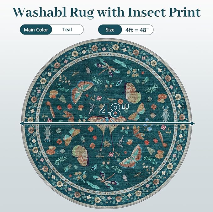 4ft Washable Round Rug - Bug Rugs for Living Room Non-Slip Low Pile Soft Ultra-Thin Machine Washable Circle Carpet for Bedroom, Entryway, Nursery, Kitchen, Home Office (4' Round Teal)