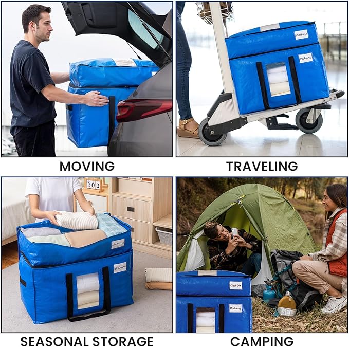 TAILI 2 Tier Extra Large Moving Bags, 4 Pack Blue Heavy Duty Totes For Storage with Visible Window, Wrap Around Handles, Storage Bags for Space Saving, Alternative to Moving Boxes