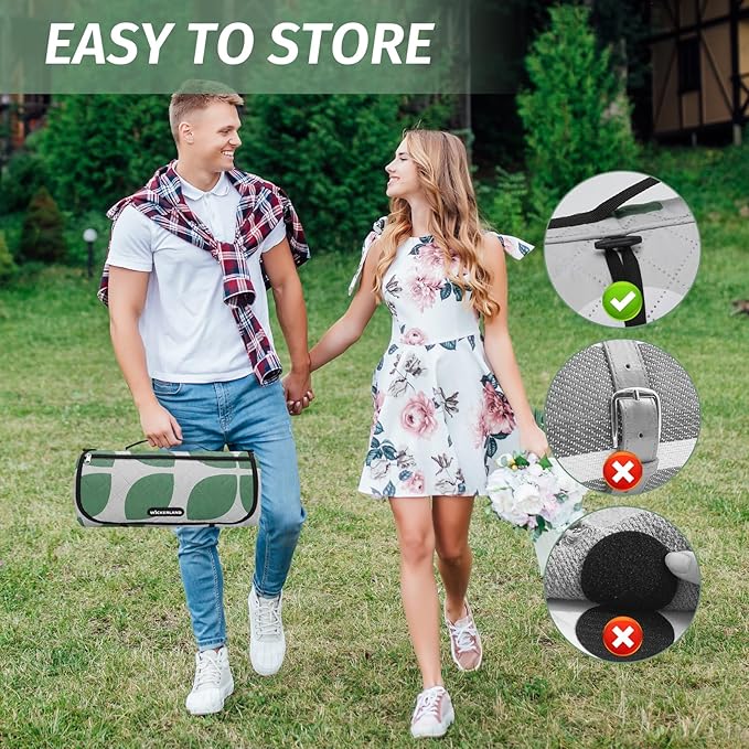 Picnic Blankets Extra Large - Beach Blanket Waterproof Sandproof with Shoulder Strap, Machine Washable, Outdoor Blanket with Stakes for Grass Concert, Park, Lawn,Travel,Spring Summer.Green