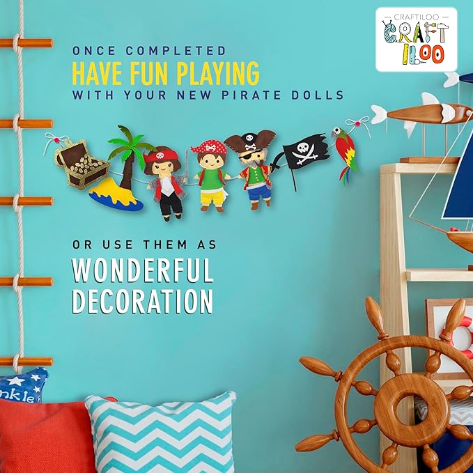 CRAFTILOO Pirates Pre-Cut Fun Kids Sewing Kit for Kids Ages 8-12 Children Beginners Sewing kit Kid Crafts Make Your Own Felt Pillow Plush Craft Kit Girls and Boys Art Craft Kits Learn to Sew Kit